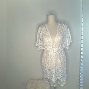 Miken Swim Luxury White Lace Kimono Cover-up, Size Medium